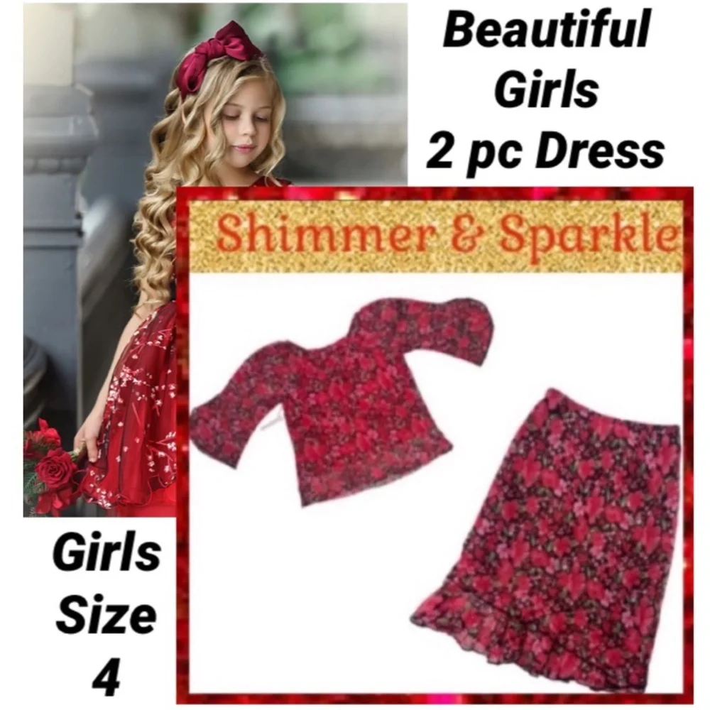 Girls Dress Set Sparkling Floral Glitter Red 2 pc Skirt & Blouse Dressy Outfit